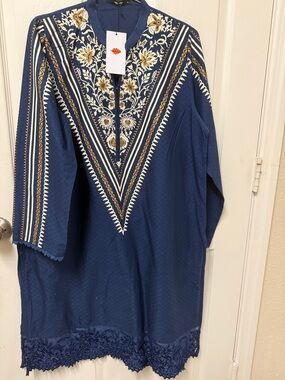 NWT Khaadi Embroidered V-Neck women’s Shirt - Navy with Gold & White Accents